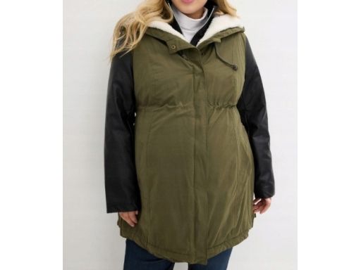 B.P.C zielona kurtka ciążowa parka z kapturem i eko skórą na kożuszku