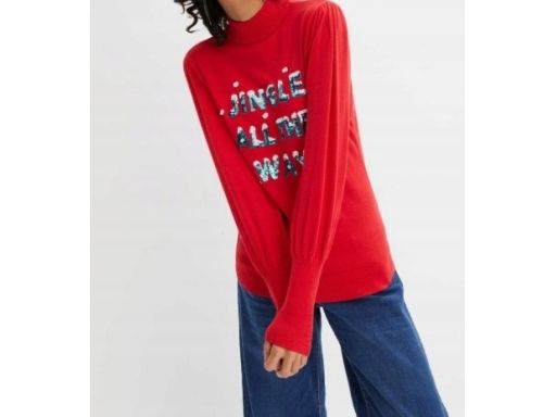B.P.C sweter dzianinowy czerwony świąteczny z napisem z cekinów ^44/46