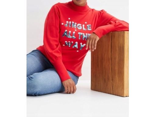 B.P.C sweter dzianinowy czerwony świąteczny z napisem z cekinów ^44/46