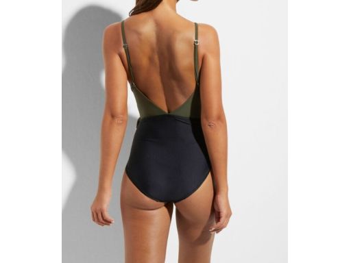B.P.C kostium kąpielowy czarno-khaki z falbanką i wycięciem 38.