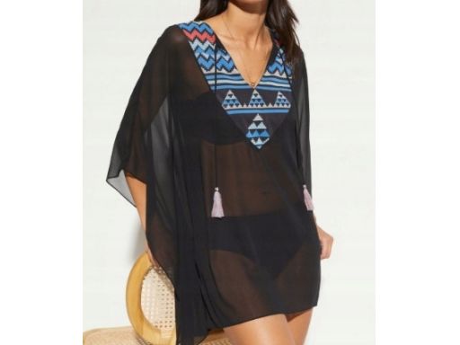 B.P.C plażowa tunika czarna z kolorowym wzorem przy dekolcie ^44/46