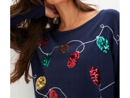 B.P.C sweter świąteczny granatowy z bombkami z cekinów 48/50.