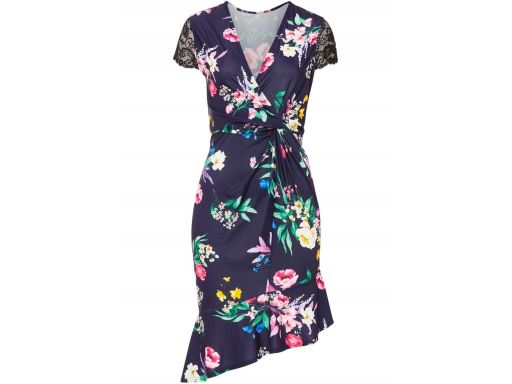B.P.C asymetryczna sukienka granatowa w kwiaty z koronką r.36/38
