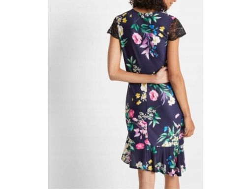 B.P.C asymetryczna sukienka granatowa w kwiaty z koronką r.36/38