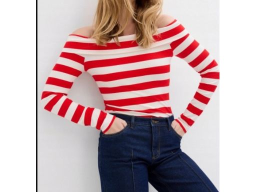 B.P.C bluzka carmen śmietankowo-czerwona w paski prążkowana 44/46.