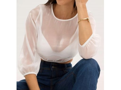 B.P.C damska bluzka krótka w stylu ludowym prześwitujaca biała r.38