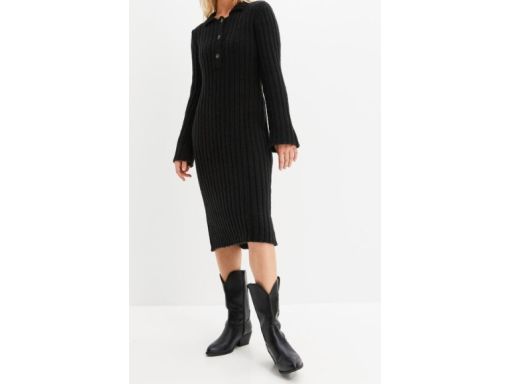 B.P.C sukienka dzianinowa midi czarna z kołnierzykiem i guzikami 32/34