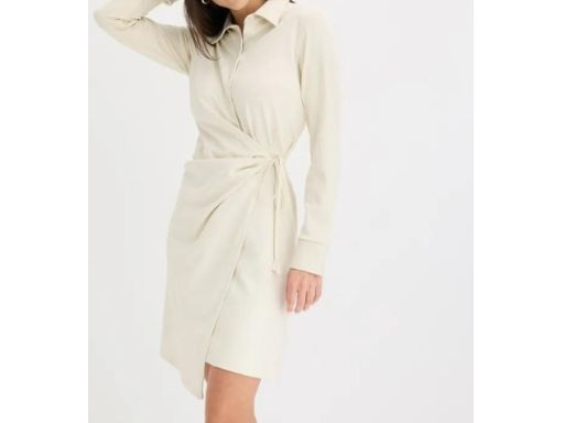B.P.C beżowa sukienka kopertowa z kołnierzykiem 52/54.