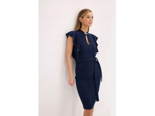 B.P.C Ołówkowa sukienka granatowa z falbanowymi rękawkami ^40/42