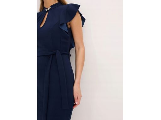 B.P.C Ołówkowa sukienka granatowa z falbanowymi rękawkami ^40/42