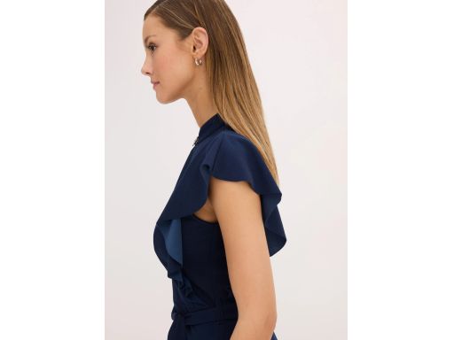 B.P.C Ołówkowa sukienka granatowa z falbanowymi rękawkami ^40/42