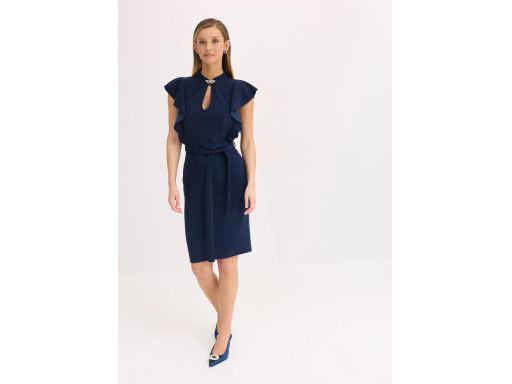 B.P.C Ołówkowa sukienka granatowa z falbanowymi rękawkami ^40/42