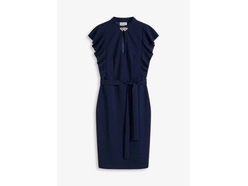 B.P.C Ołówkowa sukienka granatowa z falbanowymi rękawkami ^40/42