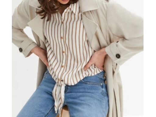 B.P.C bluzka koszulowa śmietankowo-brązowa w paseczki z wiązaniem 48.