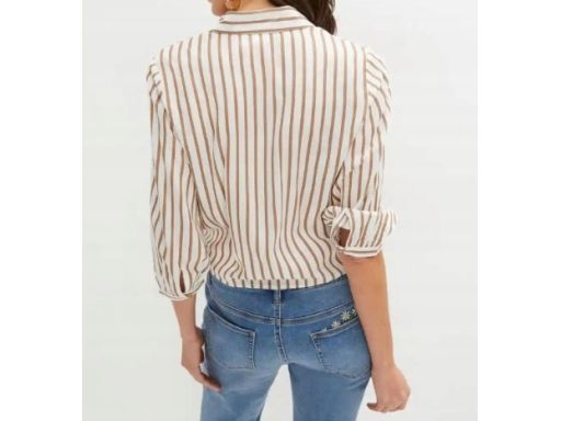 B.P.C bluzka koszulowa śmietankowo-brązowa w paseczki z wiązaniem 48.