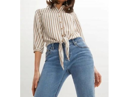 B.P.C bluzka koszulowa śmietankowo-brązowa w paseczki z wiązaniem 48.