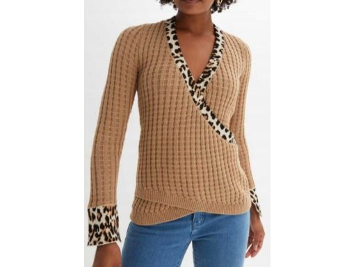 B.P.C sweter z efektem założenia kopertowego beżowy z cętkami ^40/42
