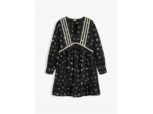 B.P.C rozkloszowana sukienka mini czarna z beżowym nadrukiem z koronką