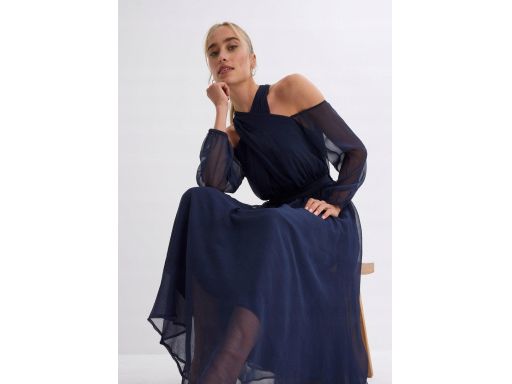 B.P.C sukienka midi wieczorowa z szyfonu granatowa 38.