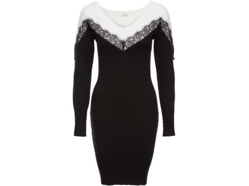 B.P.C sukienka dzianinowa z koronką czarno-biała r.40/42