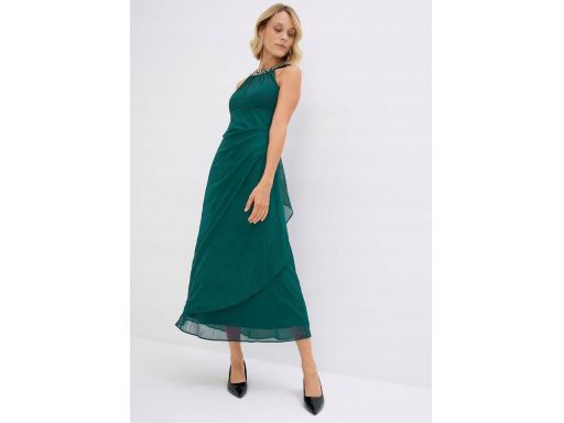 B.P.C sukienka wieczorowa butelkowa zieleń szyfonowa z koralikami ^42