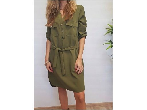 B.P.C prosta sukienka khaki ze złotymi guzikami ^46
