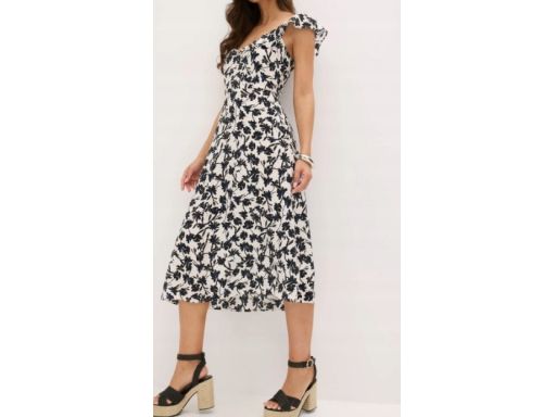 B.P.C sukienka midi letnia biała w czarno-niebieskie kwiaty 36.