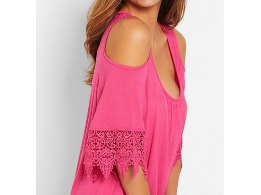 B.P.C sukienka tunika plażowa odkryte ramiona różowa z koronką ^36/38