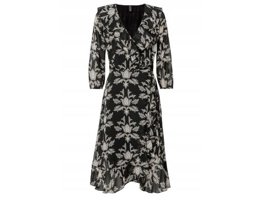 B.P.C sukienka szyfonowa kopertowa czarna we wzory midi 34.