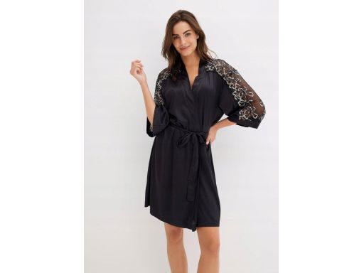 B.P.C kimono czarne szlafrok sexi satynowy z koronką r.40/42