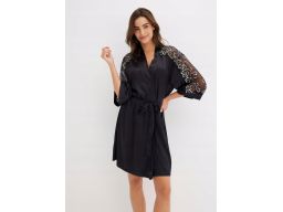 B.P.C kimono czarne szlafrok sexi satynowy z koronką r.40/42