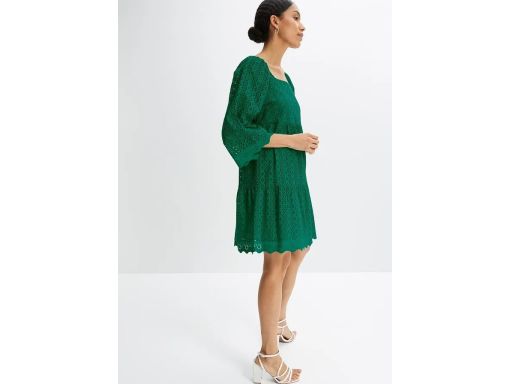 B.P.C zielona sukienka z ażurowym haftem rozkloszowana 48.