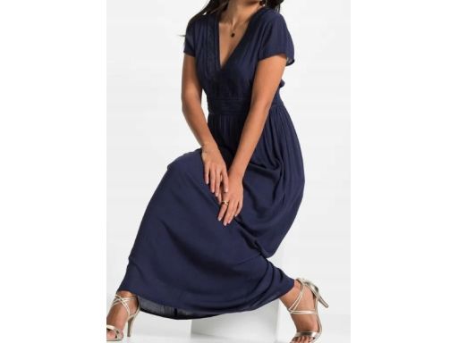 B.P.C granatowa sukienka z wiskozy z koronką długa 42.