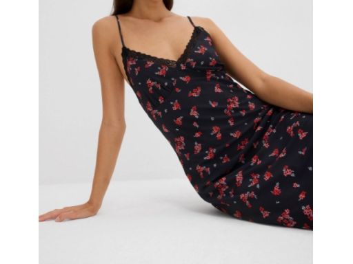 B.P.C czarna sukienka w kwiatki midi z siateczki na ramiączka 44/46.