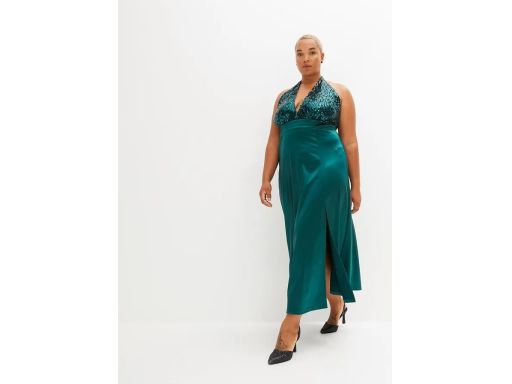 B.P.C długa sukienka satynowa butelkowa zieleń z cekinami 40/42.