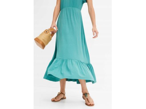 B.P.C sukienka letnia zielona z wiskozy długa z falbankami 48/50.