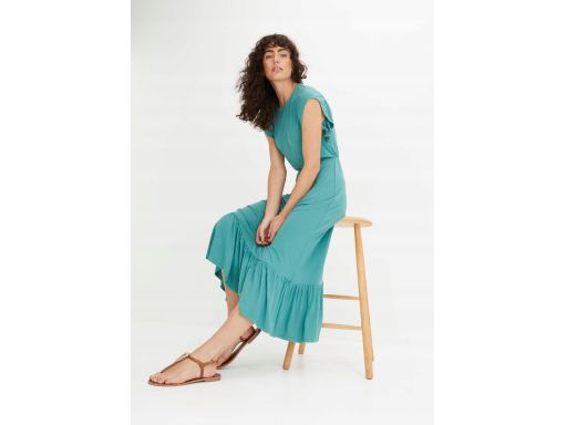 B.P.C sukienka letnia zielona z wiskozy długa z falbankami 48/50.