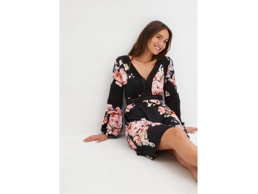 B.P.C sukienka czarna w kolorowe kwiaty z koronką r.40/42