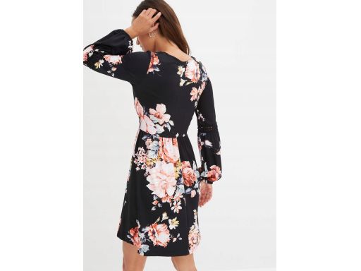B.P.C sukienka czarna w kolorowe kwiaty z koronką r.40/42