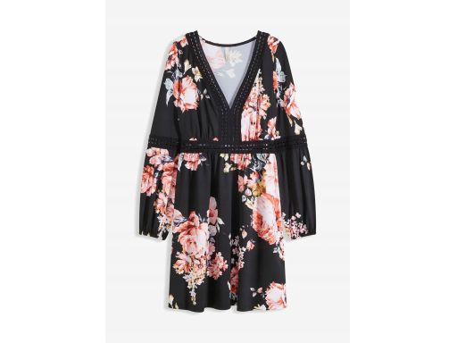 B.P.C sukienka czarna w kolorowe kwiaty z koronką r.40/42