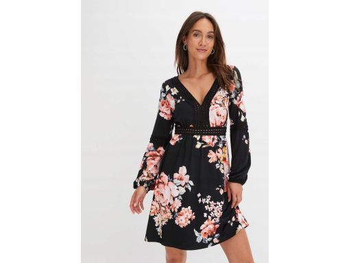 B.P.C sukienka czarna w kolorowe kwiaty z koronką r.40/42