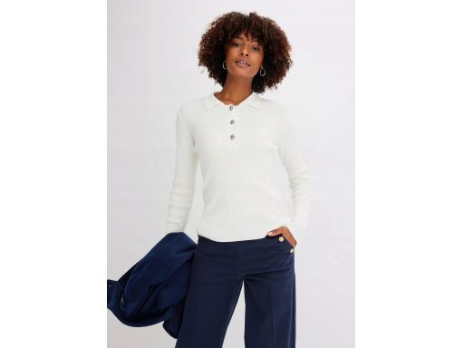 B.P.C sweter dzianinowy prążkowany ecru polo z ozdobnymi guzikami ^44/