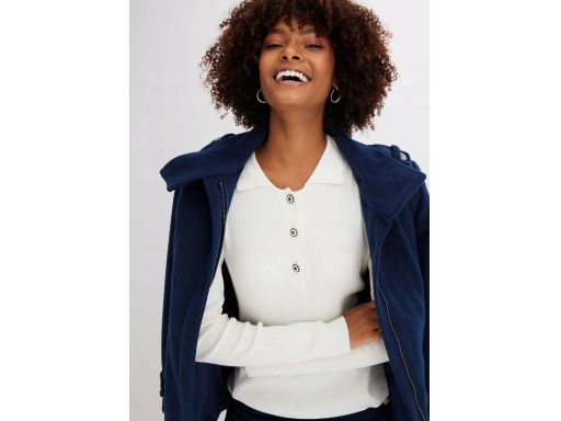 B.P.C sweter dzianinowy prążkowany ecru polo z ozdobnymi guzikami ^44/