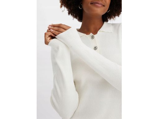 B.P.C sweter dzianinowy prążkowany ecru polo z ozdobnymi guzikami ^44/