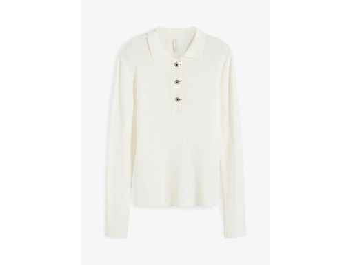 B.P.C sweter dzianinowy prążkowany ecru polo z ozdobnymi guzikami ^44/