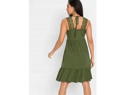 B.P.C sukienka dżersejowa khaki z koronką i wiązaniem r.48/50