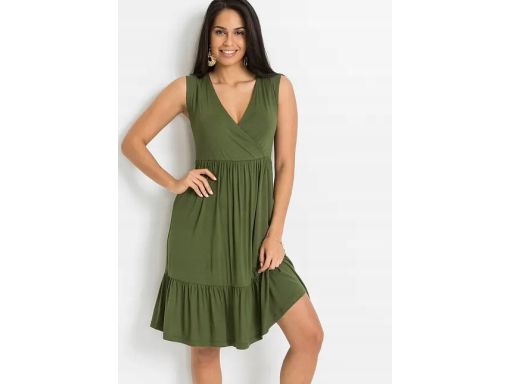 B.P.C sukienka dżersejowa khaki z koronką i wiązaniem r.48/50