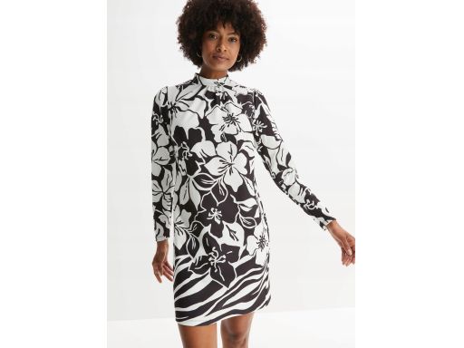 B.P.C sukienka czarna w białe wzory ze stójką w dekolcie ^36/38