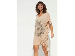 B.P.C beżowa tunika plażowa z nadrukiem i frędzlami 52/54.