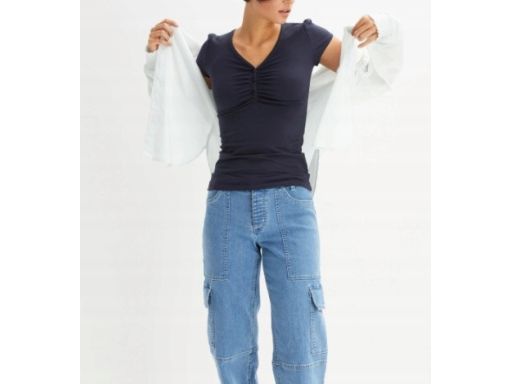 B.P.C t-shirt damski granatowy z guzikami i marszczeniem ^44/46